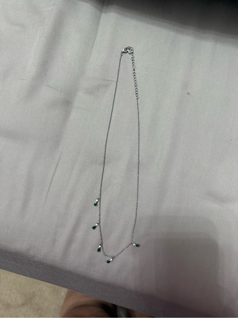 Delicate Silver Necklace with Green Teardrop Pendants